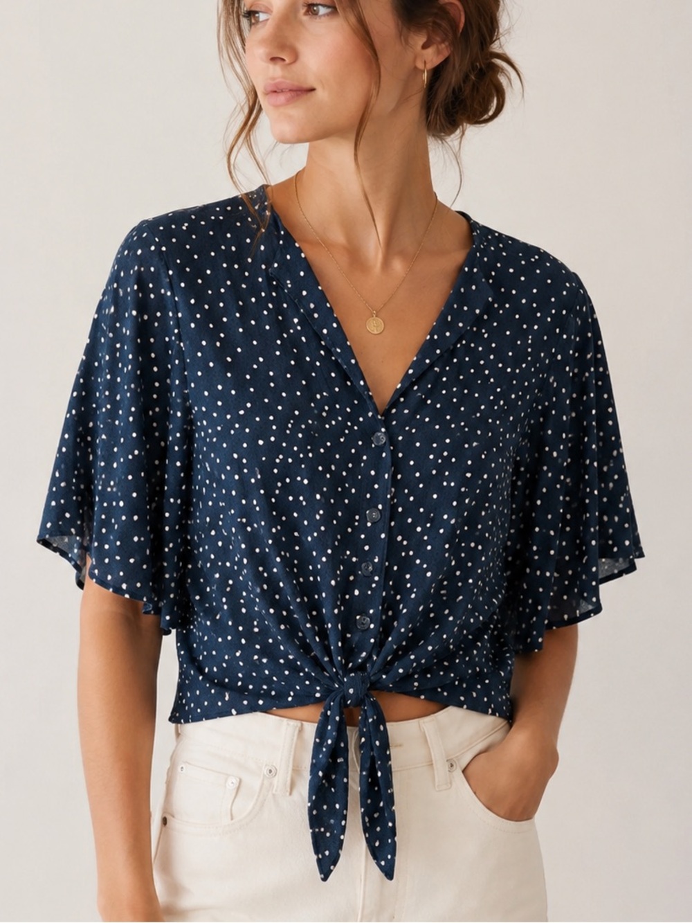 Des Petits Hauts Polka Dot Tie Front Blouse Navy Blue Short Sleeve